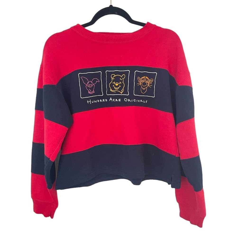 Disney Pooh Bear sweatshirt Vintage rugby red blue striped crewneck sweater med